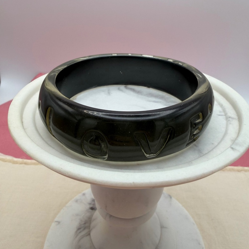 Smoky Black Love Bangle Bracelet Chunky Carved Statement Jewelry